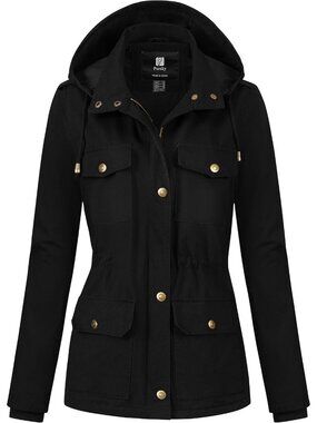 Women's Black Cotton Anorak Lightweight Military Jacket Warm Utility Casual Coat